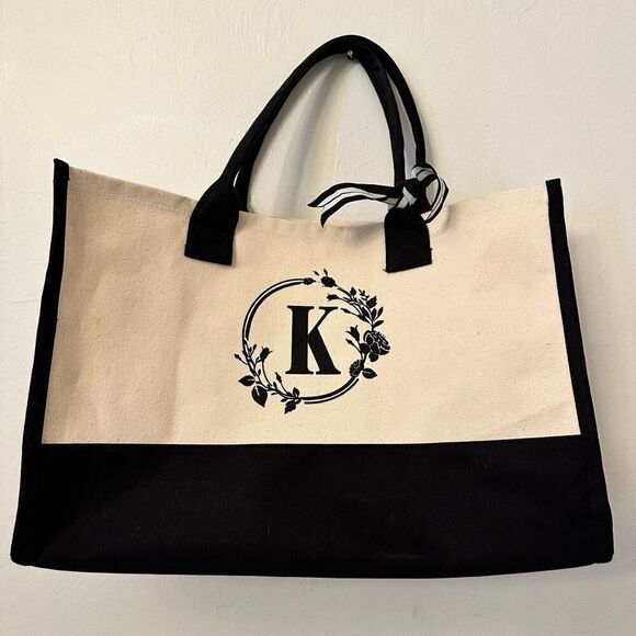 TopDesign Canvas Personalized Initial K 100% Cotton Black Cream Tote Bag OS - Picture 1 of 6